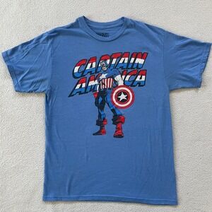 Marvel Mens Medium Captain America T-Shirt Blue Graphic Short Sleeve Tee Retro